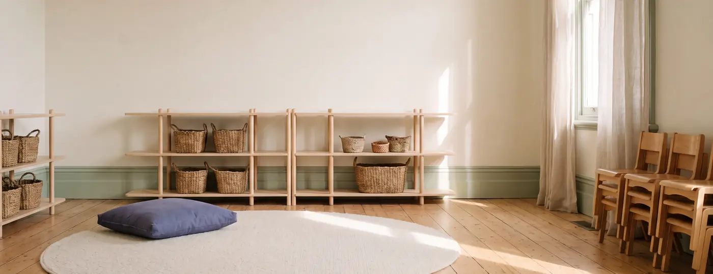 An empty early learning playroom in early morning light, before the day starts